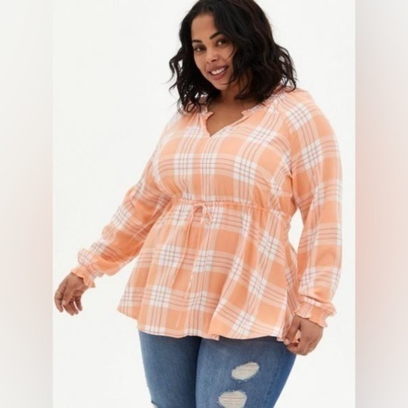 Torrid Rayon Crepe Tie Waist Peasant Blouse Shirt Top Womens Size 1X Plaid - Picture 2 of 14